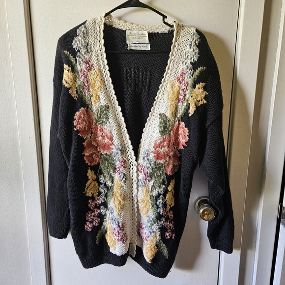 Marisa Christina Sweaters - Marisa Christina Black Cardigan with Floral Embroidery Hand Knit